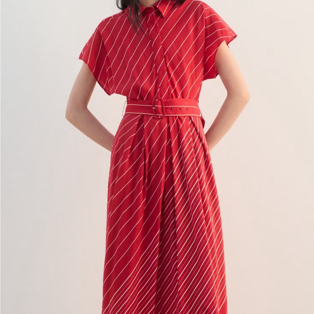 Mango Red Diagonal-Striped Belted Maxi Dress